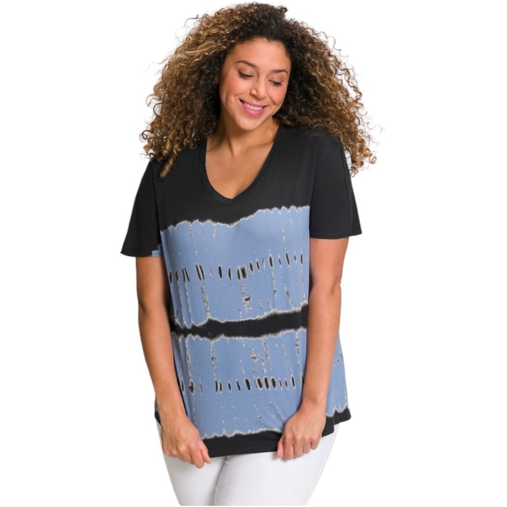 Ulla Popken Blue Tie-Dye Oversized V-neck Cotton T-shirt - Size 24/26